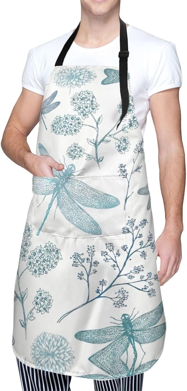 Dragonfly print Waterproof apron with pocket adjustable cooking apron for adult kitchen bibs to bake