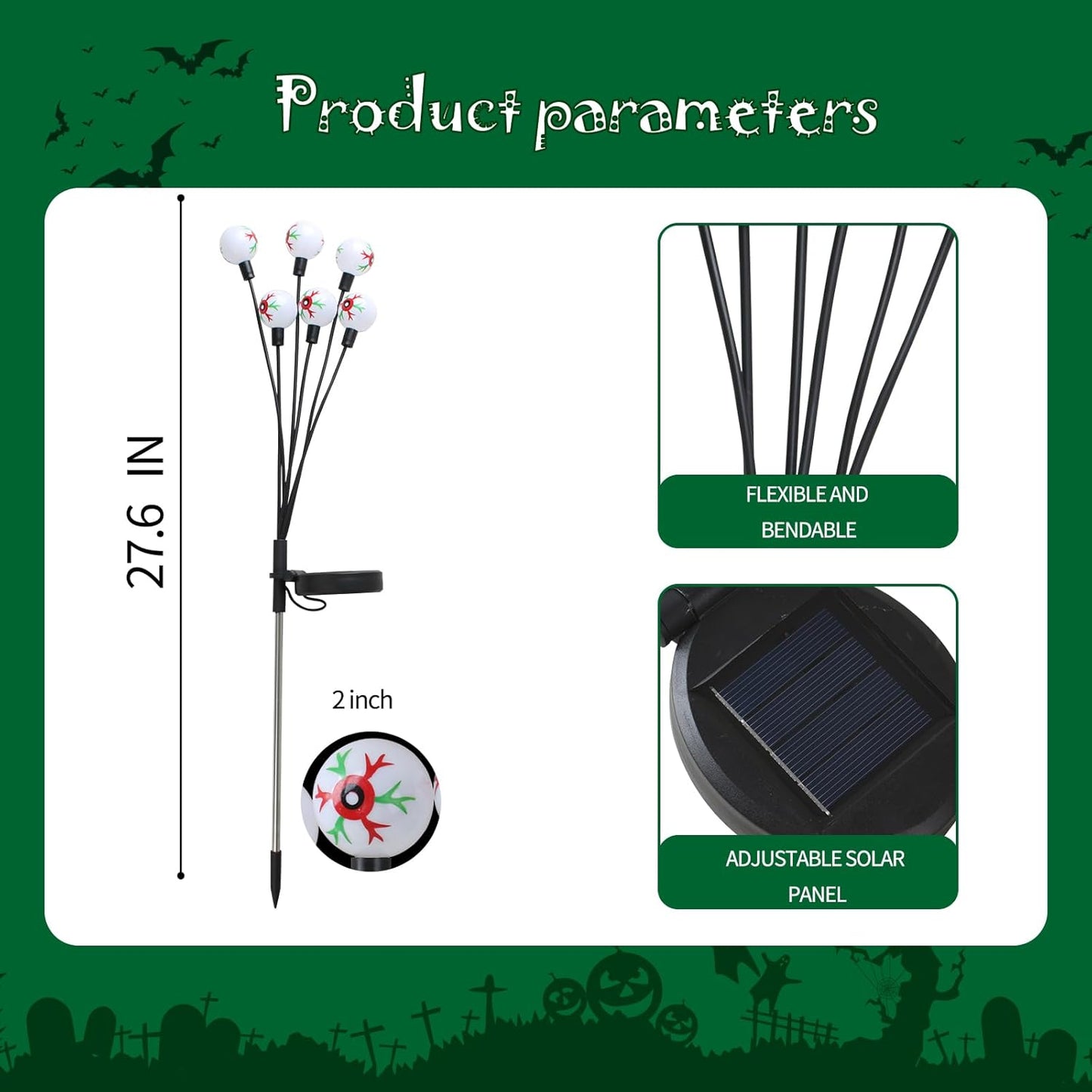 Solar Halloween Lights๏ผ2 Pack Outdoor Halloween Decorations Lights, 12LED Green Eyeball Swaying Lamps for Garden Decor, Yard, Lawn, Party Decorations