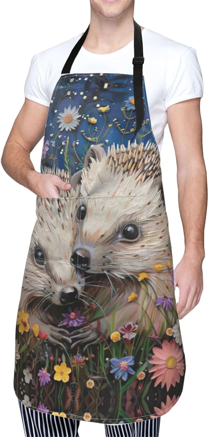 Floral Hedgehogs Print Laundry apron 28x33 In Waterproof Kitchen Apron with Pockets for Cooking Baking