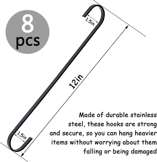 8 Pack 12 Inch Large S Hooks Black Heavy Duty Hooks for Hanging Plants Long Metal Hook Hanger S Shaped Hook for Hanging Closet,Pots and Pans,Basket,Bird Feeders, Garden Indoor Outdoor