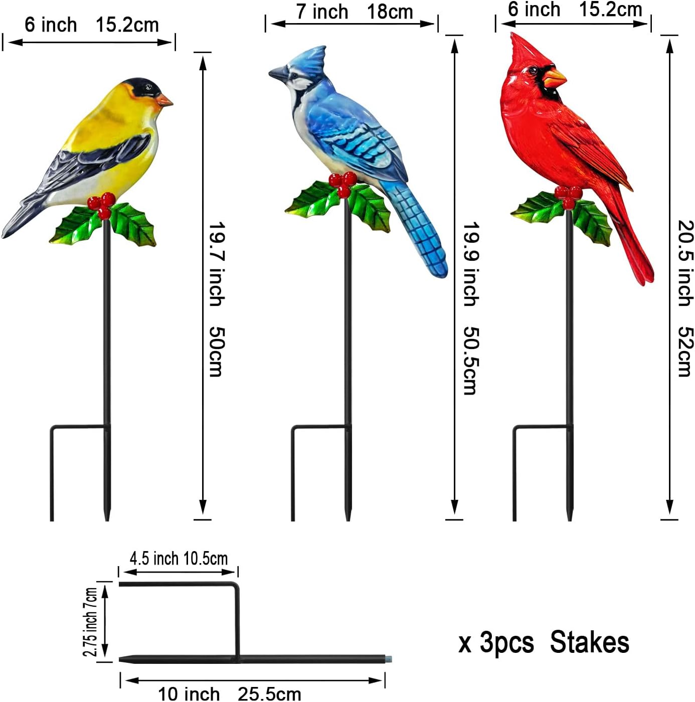 WAIU Metal Birds Garden Stakes 3 Pack Outdoor Lawn Ornaments, Garden Decor, Outside Decorations for Yard