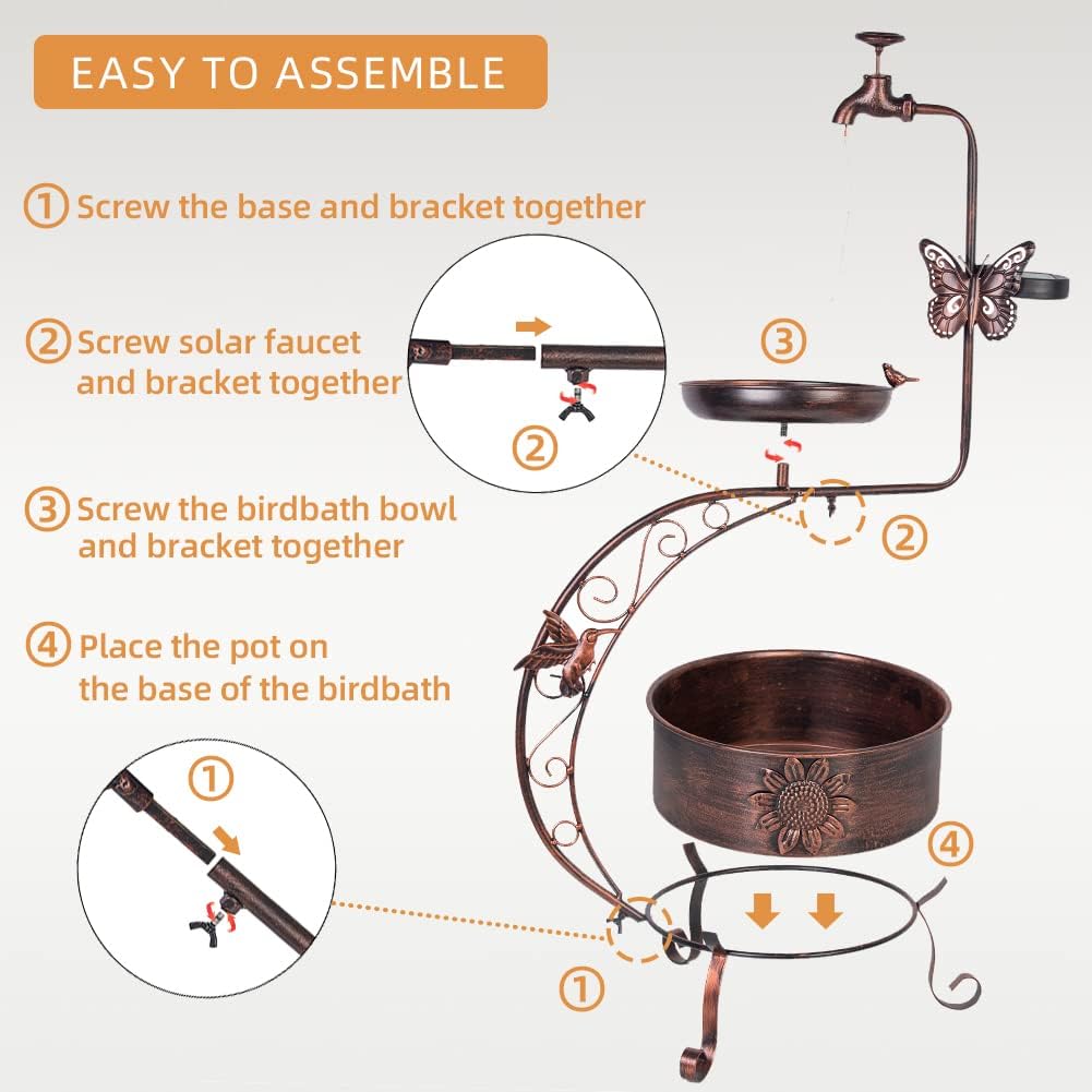 DREAMYSOUL Solar Bird Baths for Outdoors, Metal Birdbath with Flower Planter Pedestal, Antique Copper Bird Bath with Solar String Light for Garden, Yard, Patio Decor 36" Height