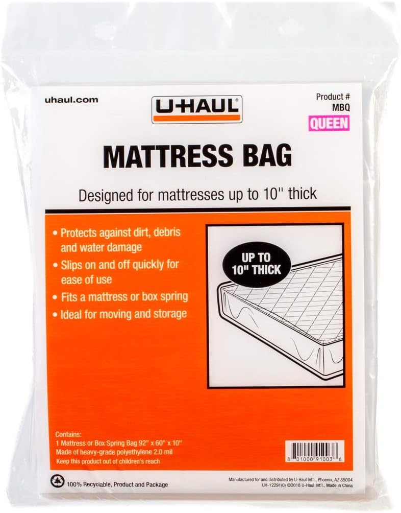 U-Haul Queen Mattress Bag – Heavy-Duty Plastic Protection for Moving & Storage – 92" x 60" x 10" (1-Pack)