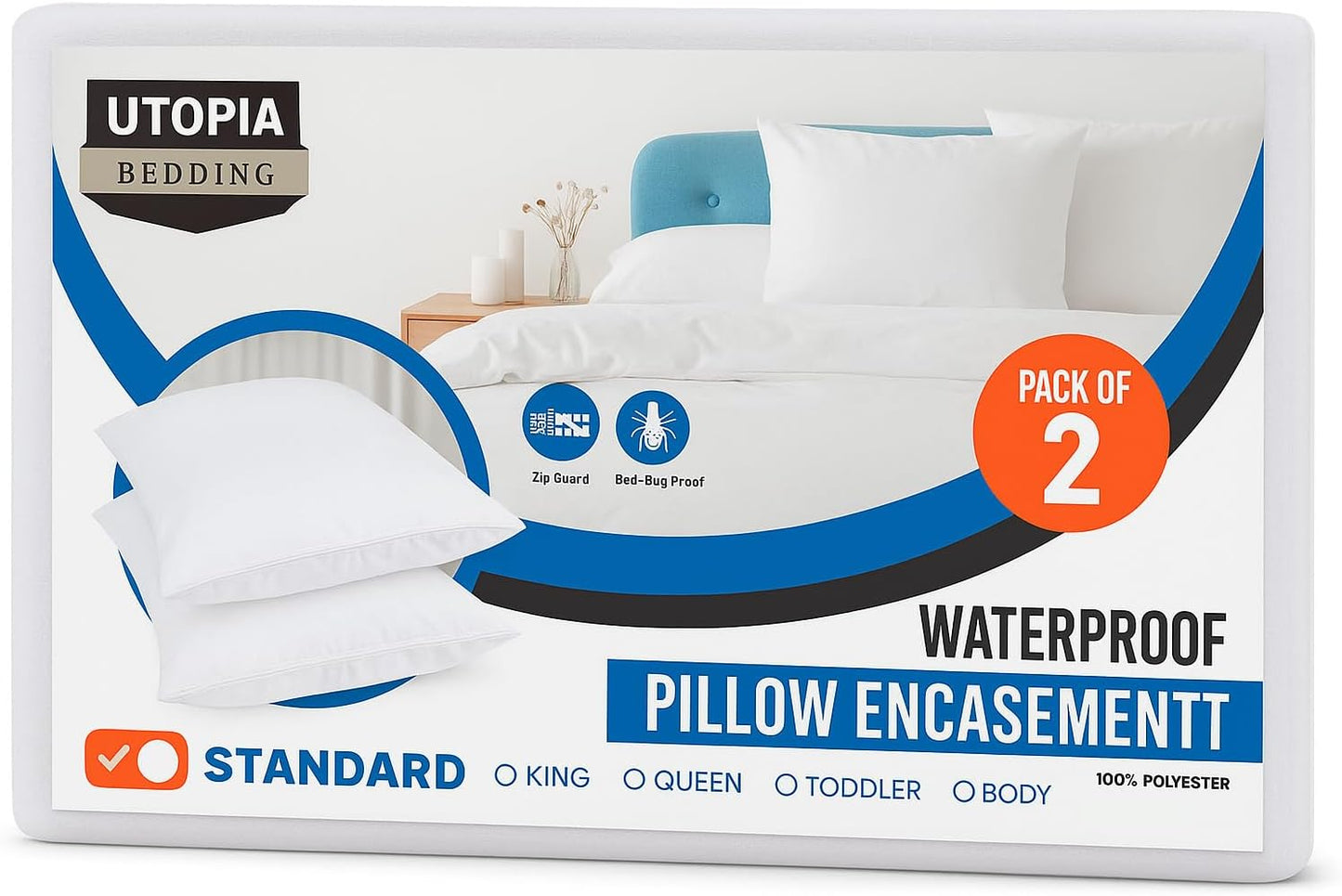 Set of 2 Pillow Protectors with Zipper Standard Size, Bed Bug and Dust Mite Proof Pillow Covers, Ultra Soft Pillow Encasements, Moisture Wicking and Waterproof Pillow Cases by Utopia Bedding (White)