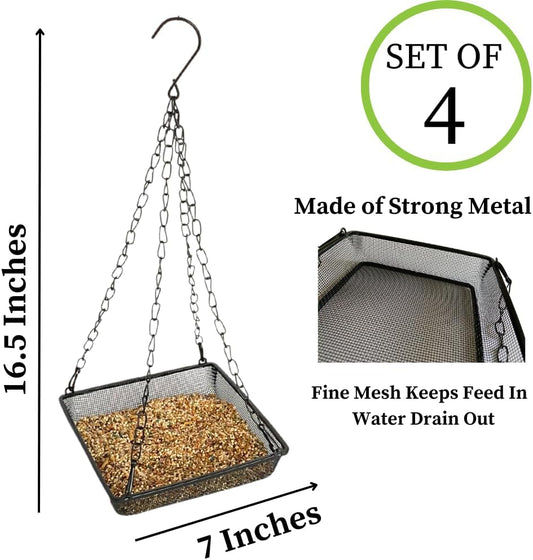 Evelots Hanging Bird Feeder Tray-4 Pack- Sturdy Metal Mesh Seed & Suet Platform-Attract Wild Birds in Backyard-Long 16 Inch Metal Chain-Water Drains Out