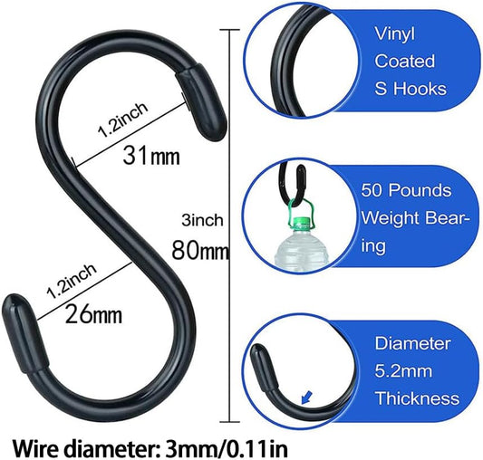 12 Pack 3-Inch Heavy Duty Vinyl Coated S Hooks for Hanging – Non-Slip,