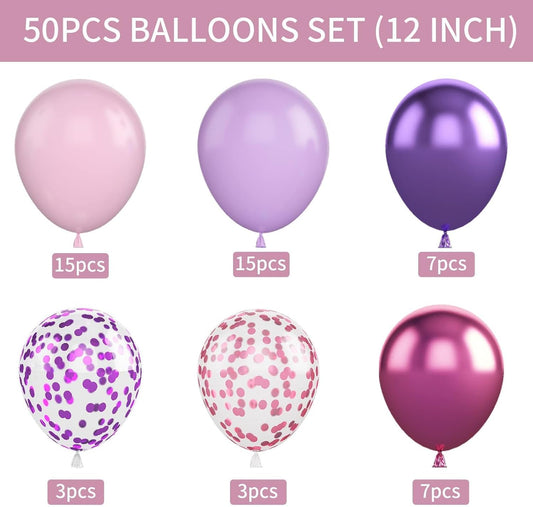 Pink and Purple Balloons, 50PCS 12 Inch Confetti Balloons, Metallic Pu