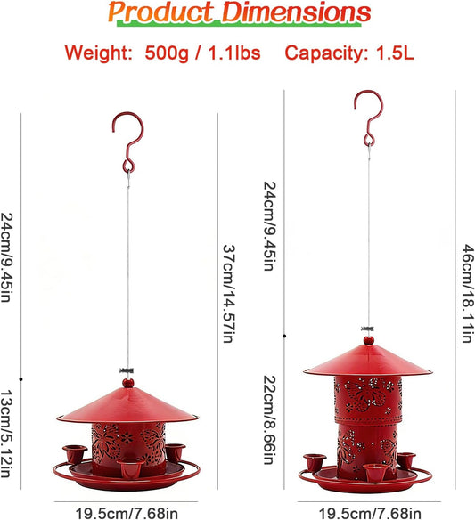 MIGHTYDUTY Wild Bird Feeders Hanging Squirrel Proof Bird Feeder 50 Ounces Large Capacity Foldable Metal Bird Seed Feeders with 3 Water Cups for Small Birds for Outdoors Garden Backyard (Red)