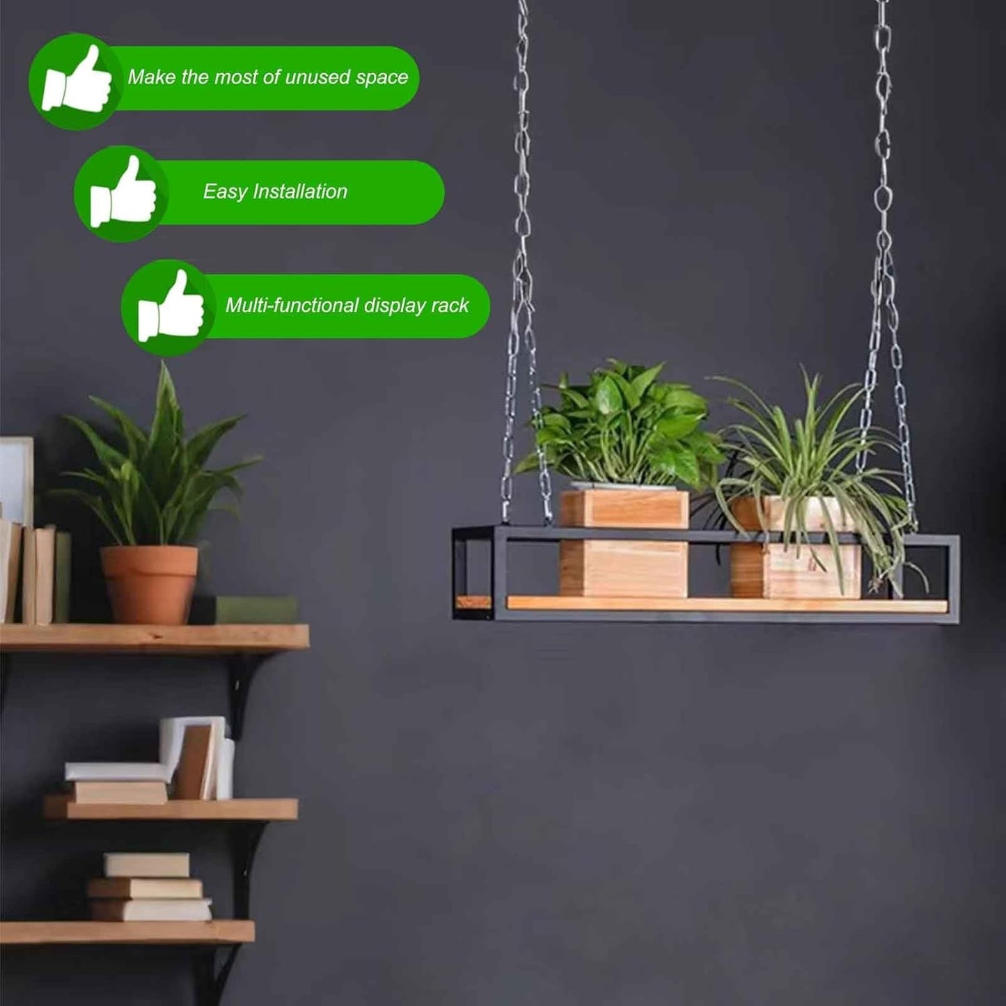 Heavy Duty Adjustable Ceiling Mount Plant Shelf, Solid Wood & Iron Hanging Pot Holder, Floating Storage Rack for Indoor/Outdoor Plants (80x25x15cm)