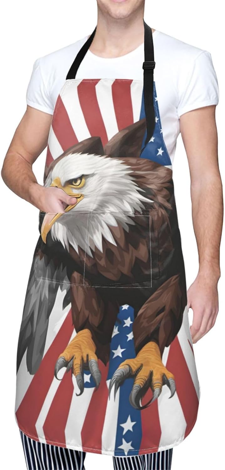 Eagle with USA Flag print Waterproof chef's apron with pocket apron for kitchen cooking baking barbecue and gardening