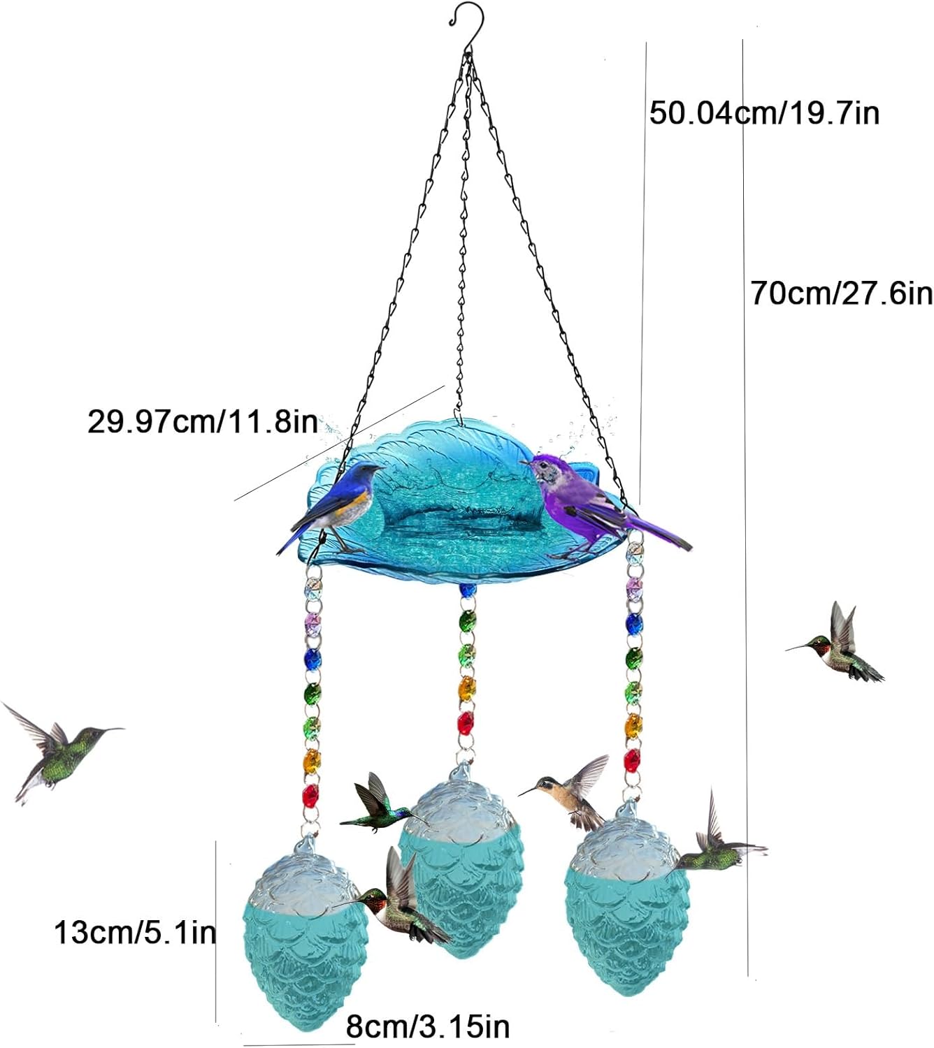 Hummingbird Feeders for Outdoors, Birdbath Bowl, Hanging Solar Bird Bath Fountains with 4 Blue Feeder Pots,Bird Bath Bowl for Garden Backyard Decor