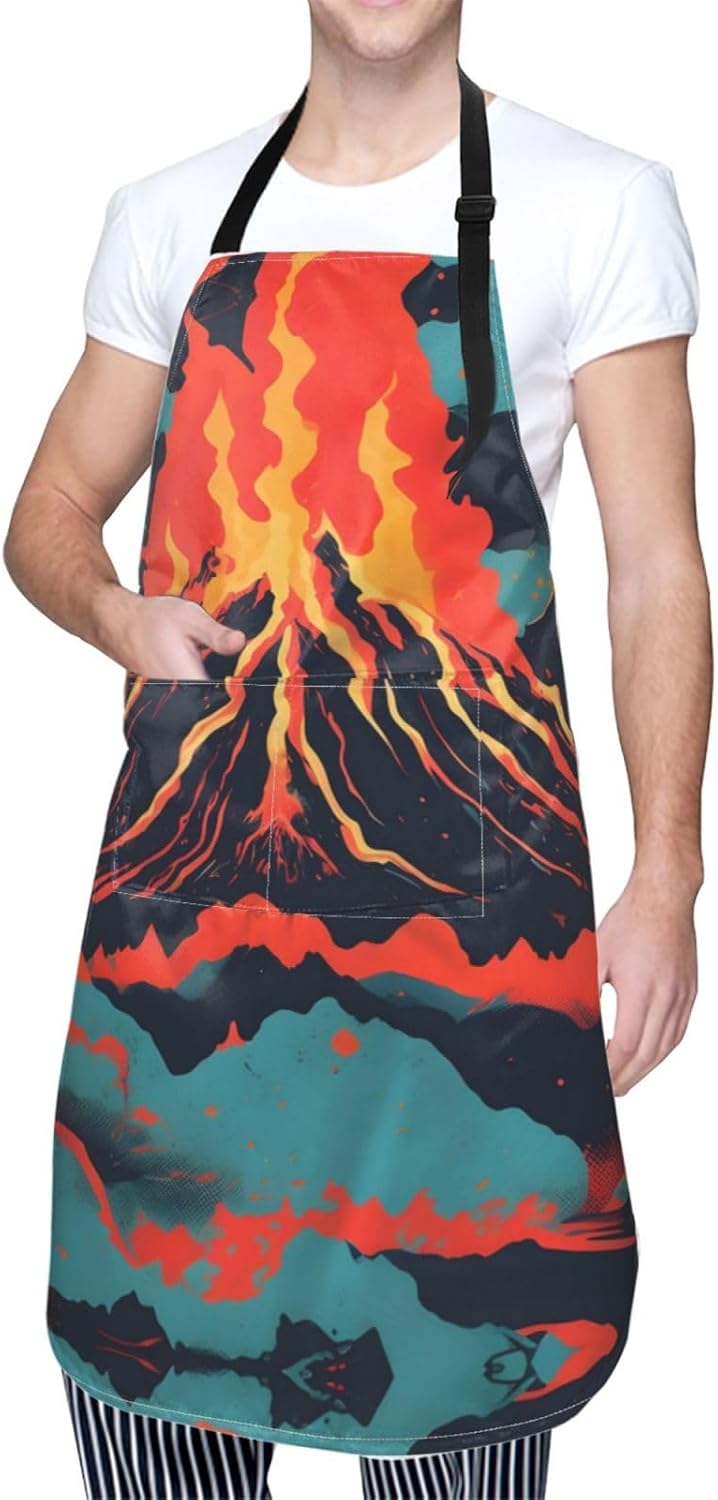 Volcano print Waterproof apron with pocket adjustable cooking apron for adult kitchen bibs to bake