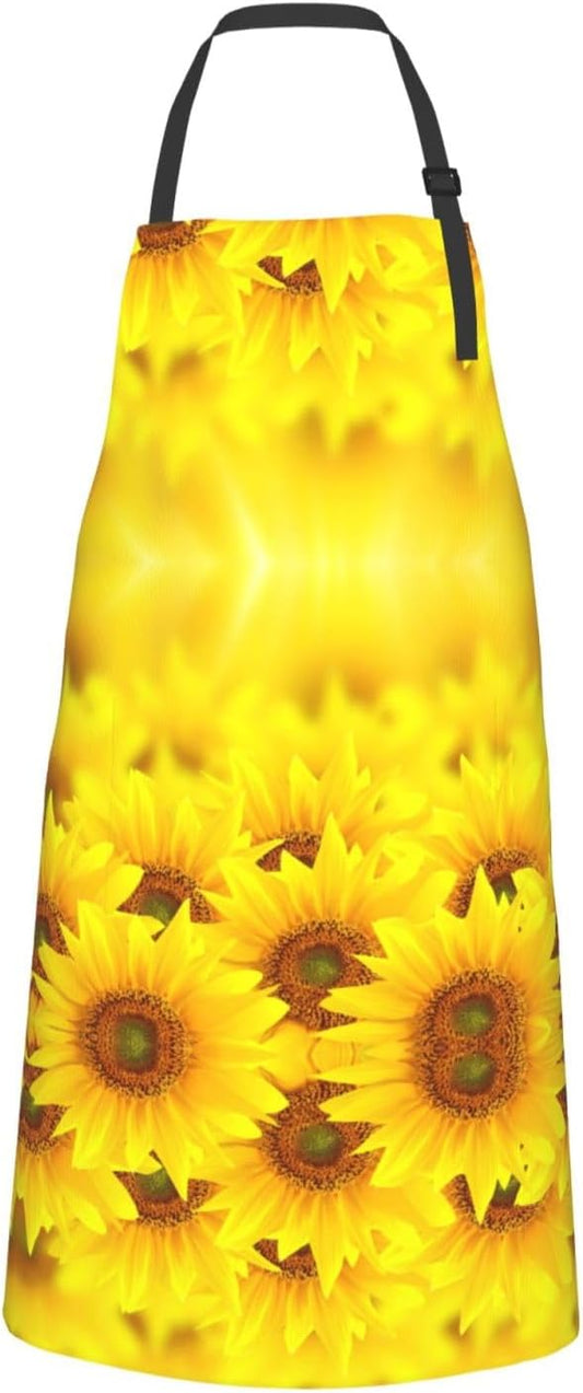 Yellow Sunflower print Waterproof apron with pocket adjustable cooking