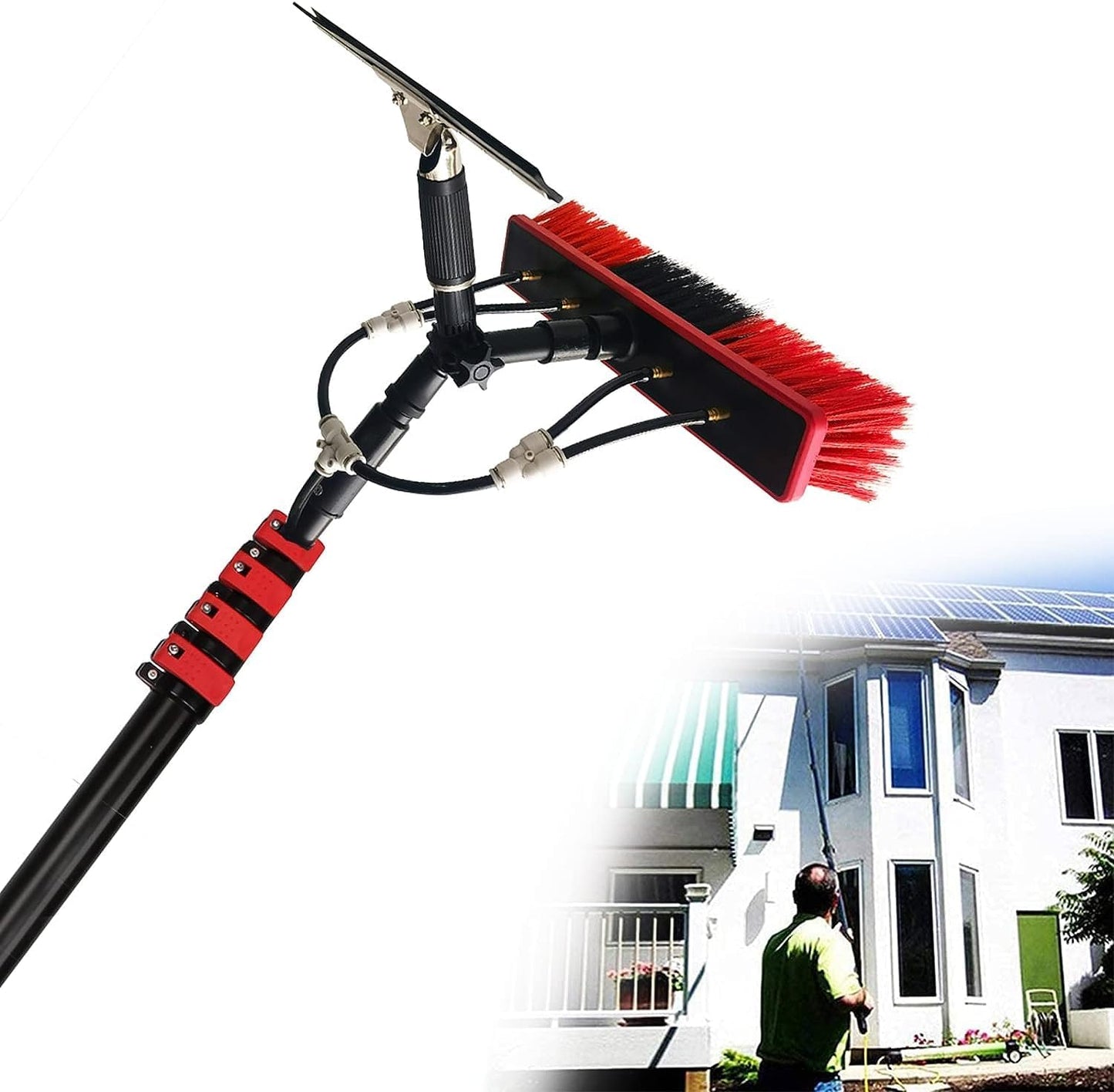 11M Telescopic Water Fed Brush with Squeegee - Extendable Window Cleaning Pole for Solar Panels & Conservatory Roofs - 35cm Cleaning Brush Head for Efficient Outdoor Cleaning