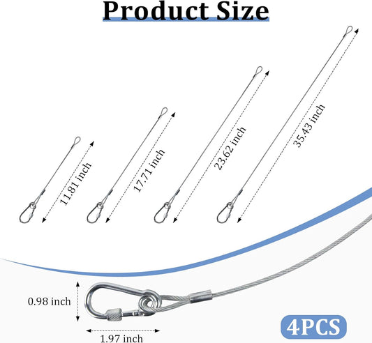 4 Pcs Hanging Steel Cables with Carabiner Hooks 12" 18" 24" 36"- Adjustable Hanging Chain Cable Rope Bird Feeder Hanger for Bird Feeders, Planters, Lanterns & Outdoor Christmas Tree Decorations