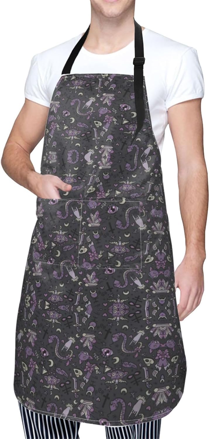 Purple Black Goth Spooky Print 28x33 In Adult Kitchen Apron with Pockets Versatile Chef Smock for Cooking Baking