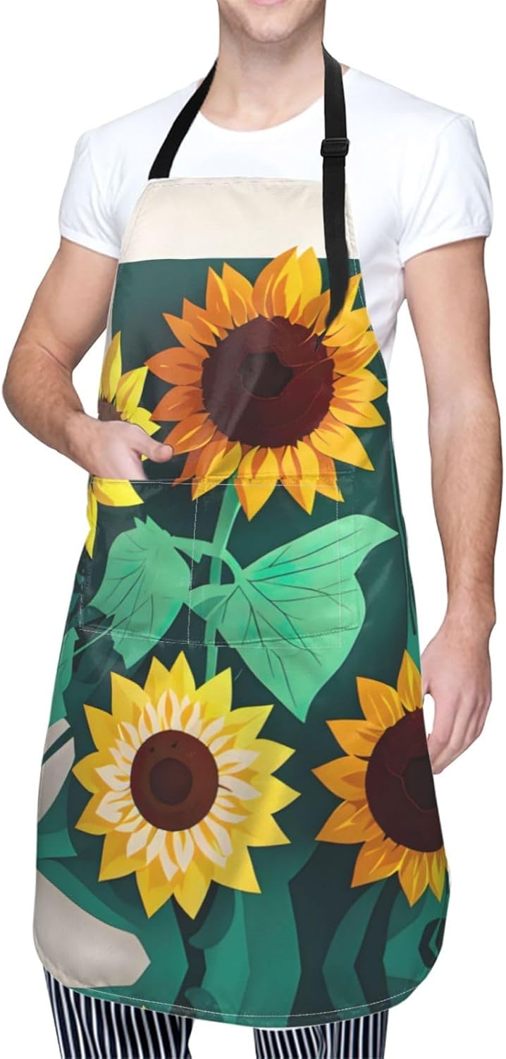 Sunflower bee print Waterproof chef's apron with pocket apron for kitchen cooking baking barbecue and gardening