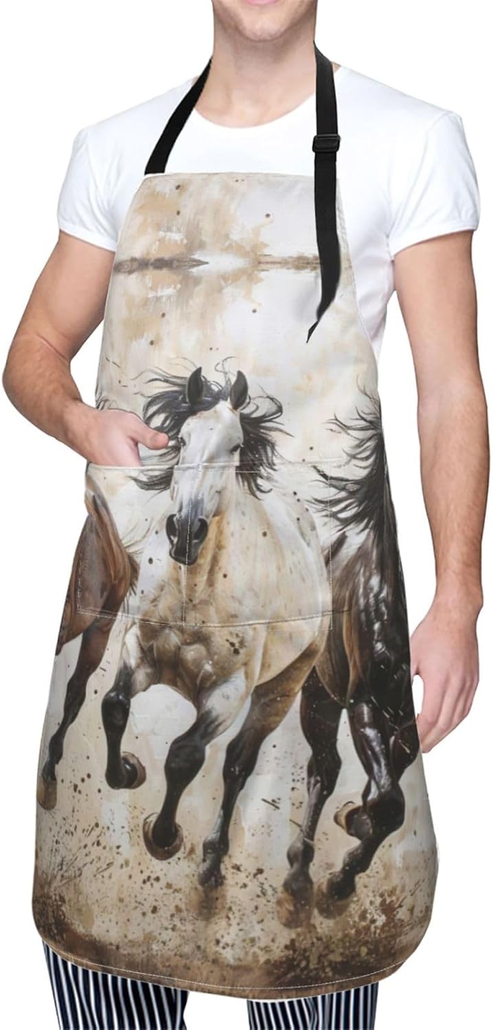Horses Running Art print Waterproof chef's apron with pocket apron for kitchen cooking baking barbecue and gardening