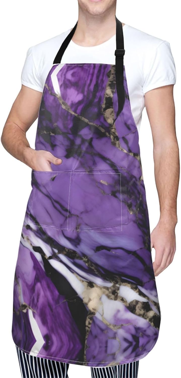 marble purple print Waterproof apron with pocket adjustable cooking apron for adult kitchen bibs to bake