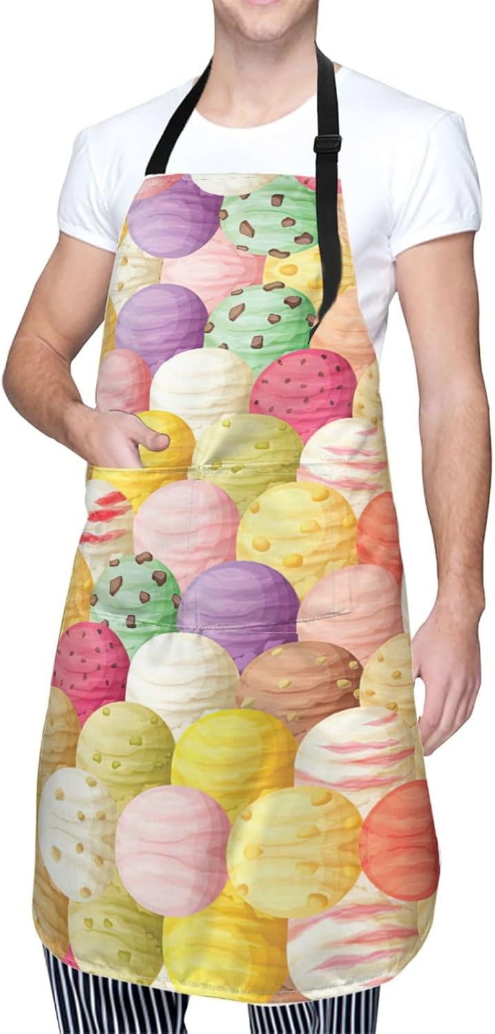Ice Cream Print 28x33 In Adult Kitchen Apron with Pockets Versatile Chef Smock for Cooking Baking