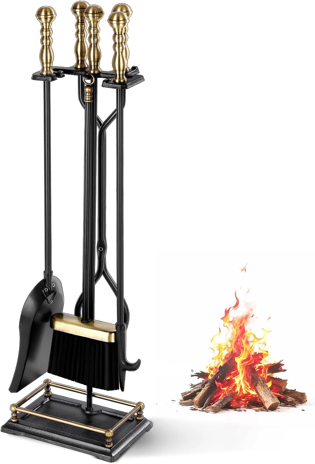 FEED GARDEN Fireplace Tools Set 5 Pieces Modern 30 Inch Outdoor Wrought Iron Fireplace Elegant Brass Handles Accessories Set with Poker, Tongs, Shovel, Brush, Base