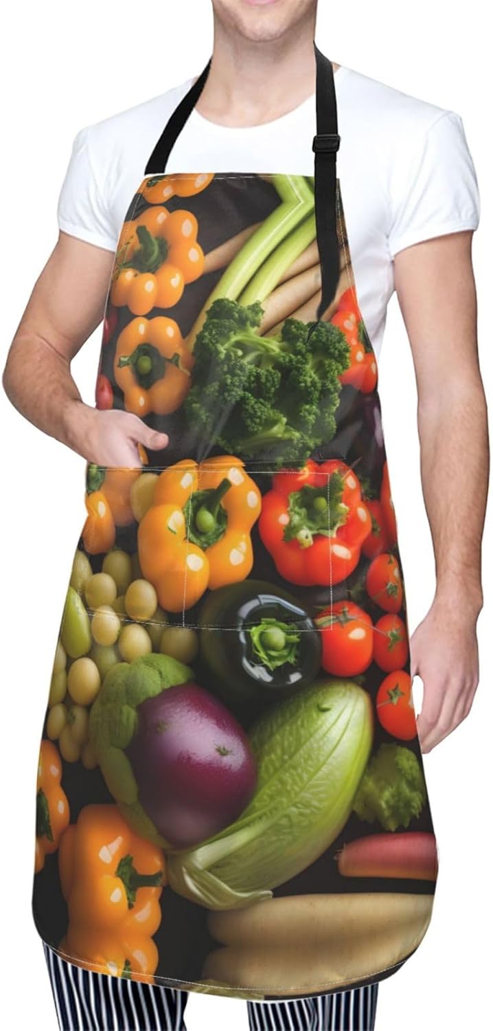 variety fresh vegetables fruits print Waterproof apron with pocket adjustable cooking apron for adult kitchen bibs to bake