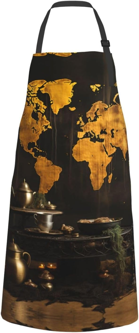 Rust World Map print Waterproof apron with pocket adjustable cooking apron for adult kitchen bibs to bake
