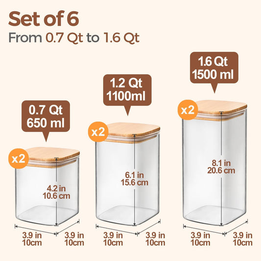 ComSaf Airtight Glass Storage Canister with Lids (0.7Qt/1.2Qt/1.6Qt) S