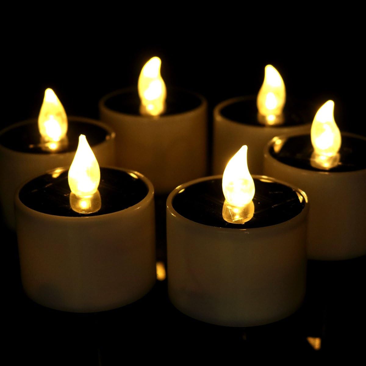SingTok 6 PCS Solar Powered Outdoor LED Tea Lights, Waterproof Rechargeable Flameless Flickering Votive Candle Battery Operated for Garden Decorations