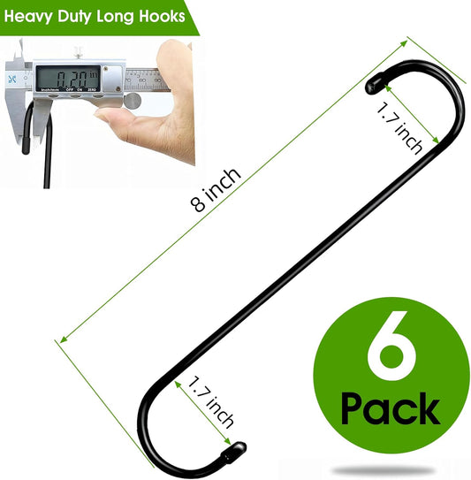 Black Metal S Hooks, 6 Pack 8 Inch, Heavy Duty, Rust Resistant, 35 Pound Weight Capacity, Ideal for Hanging Plants & Bird Feeders, Indoor/Outdoor Use