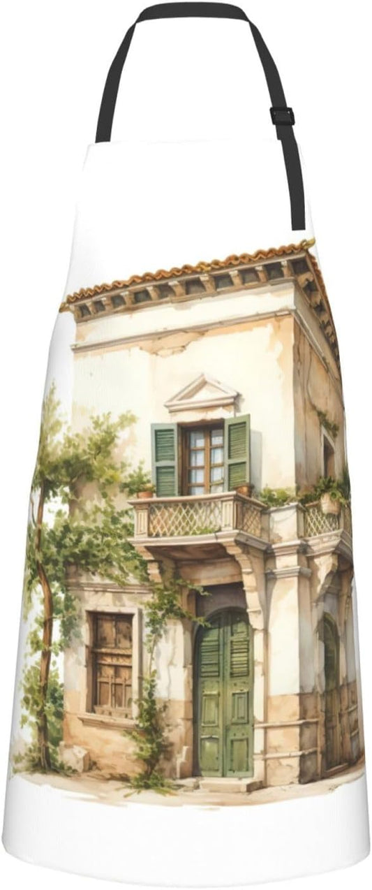 Antique Building with Roman Olive Branch and Greek print Waterproof chef's apron with pocket apron for kitchen cooking baking barbecue and gardening