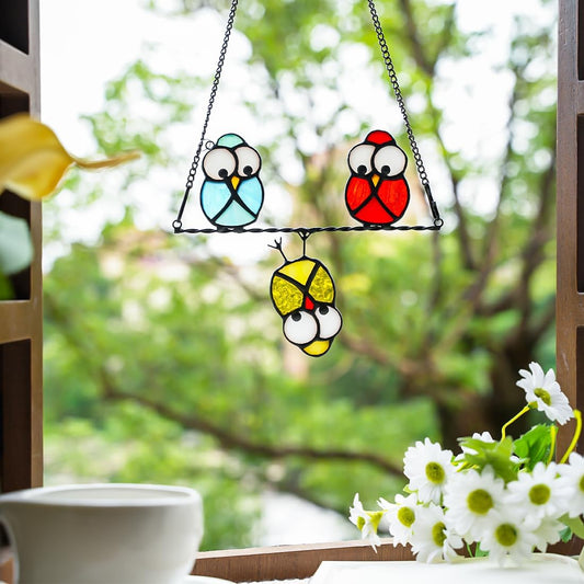 Multicolor Owl Stained Glass Suncatcher for Window,Birds Stained Glass Window Hangings,Bird Suncatchers Deocr for Door Room,Owl Gifts for Mom,Grandma,Birds Gifts for Bird Lovers Women