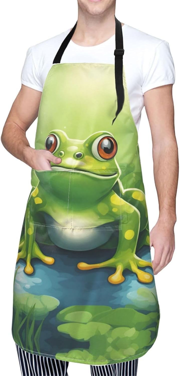 Cartoon frog 1 print Waterproof chef's apron with pocket apron for kitchen cooking baking barbecue and gardening