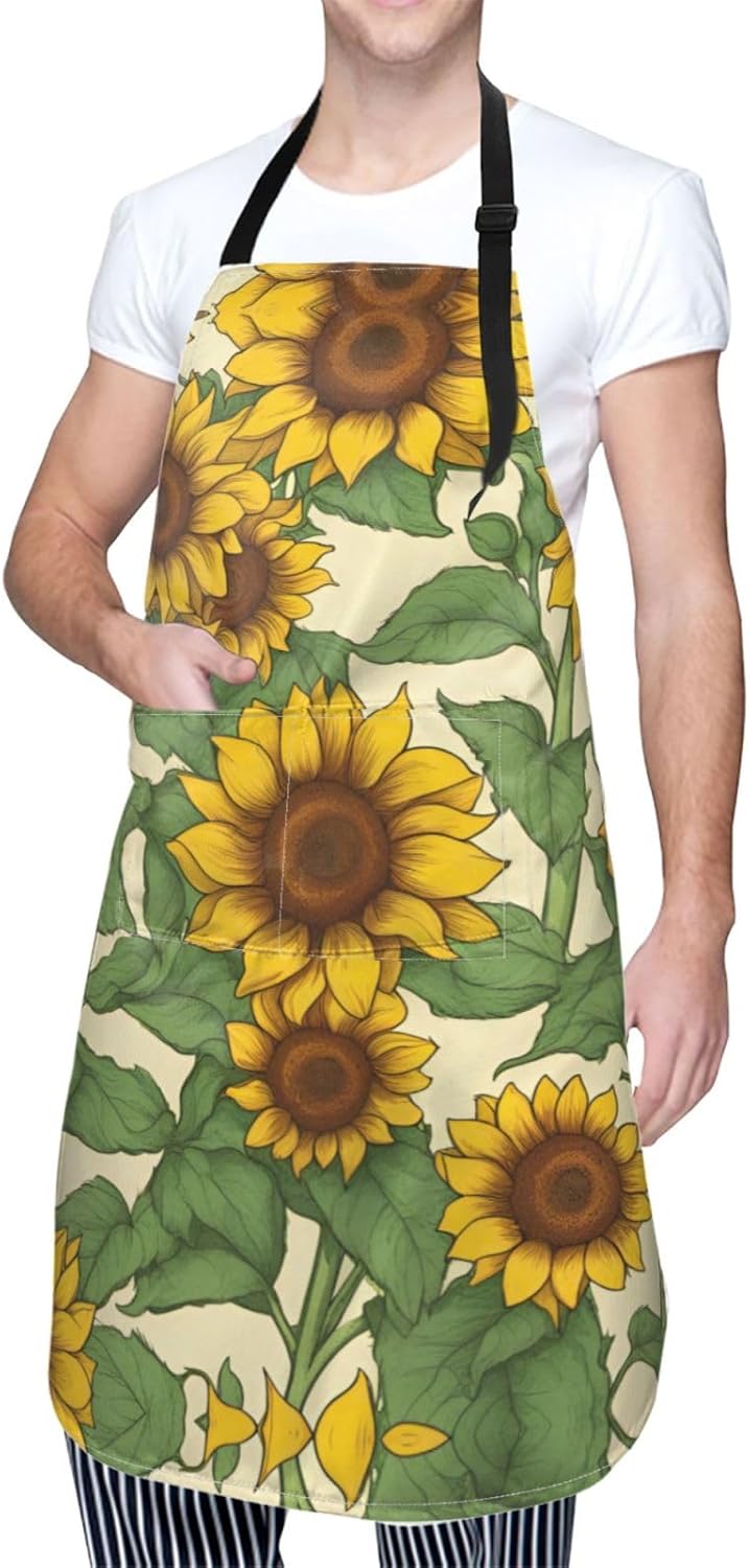 Sunflower print Waterproof apron with pocket adjustable cooking apron for adult kitchen bibs to bake