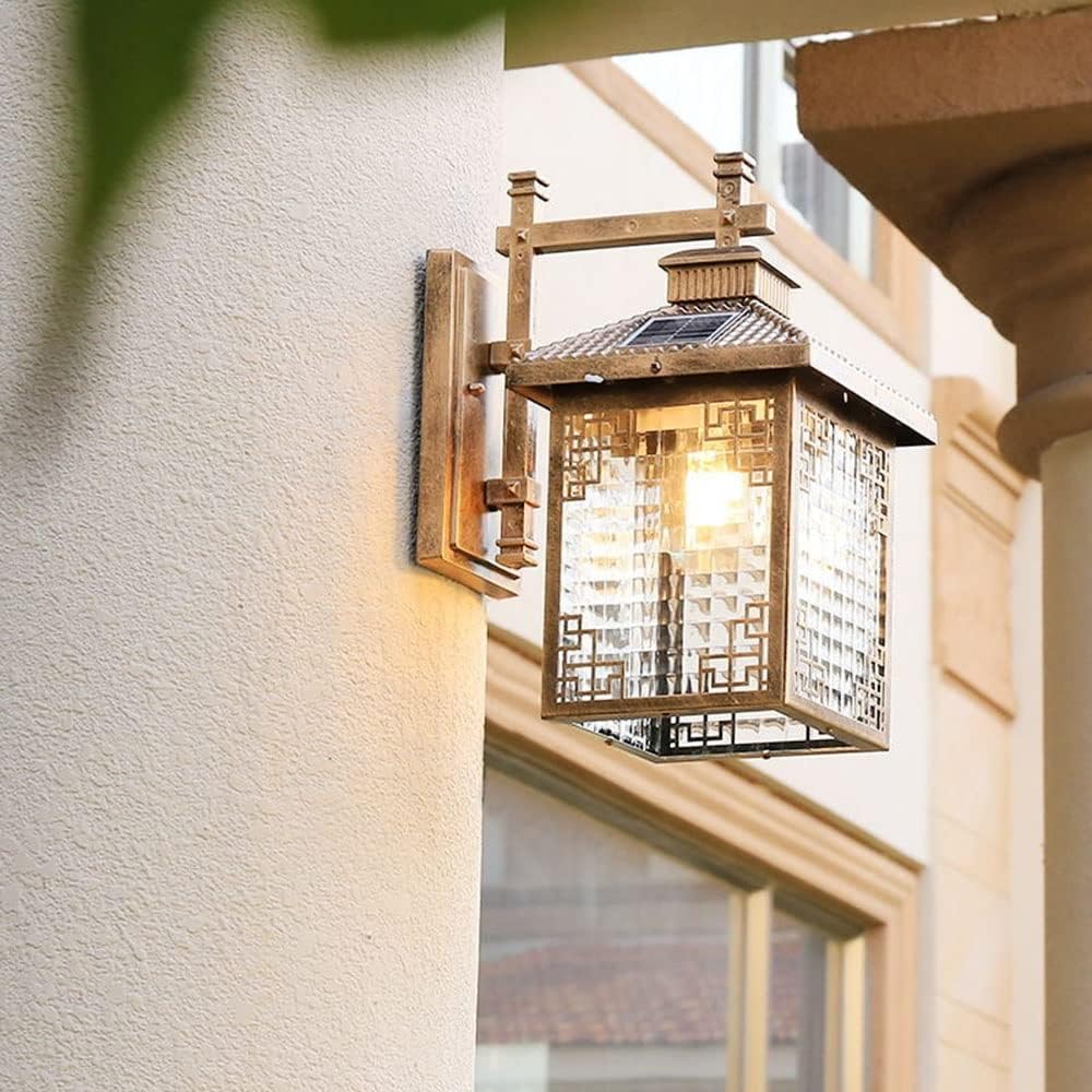 Outdoor Solar Villa Garden Wall Lamp E27 Led Waterproof Lantern Chinese Countryside Lights Vintage Sconce(Black)