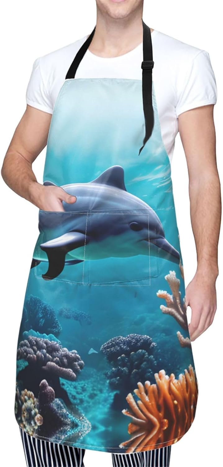 Beautiful Underwater World Dolphins Coral Print 28x33 In Adult Kitchen Apron with Pockets Versatile Chef Smock for Cooking Baking