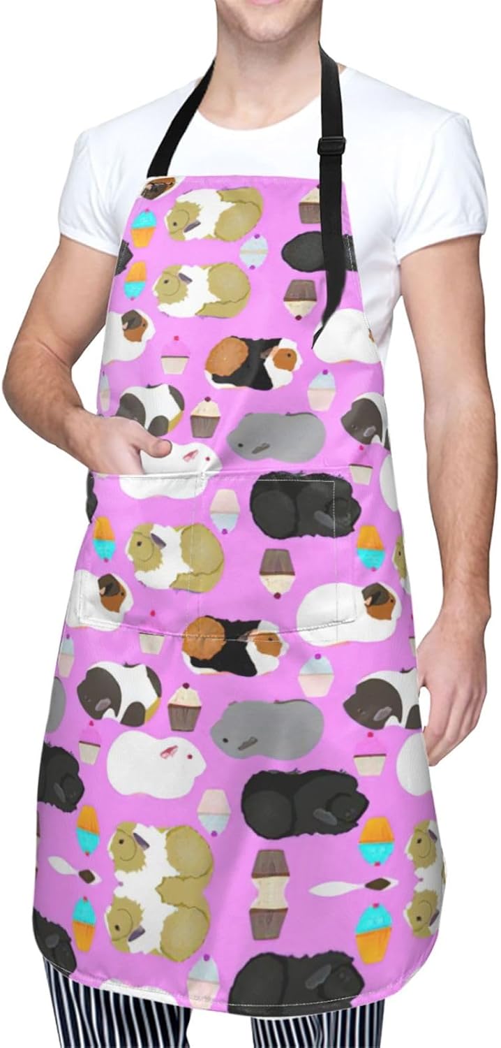 Guinea Pigs and Cupcakes Print 28x33 In Adult Kitchen Apron with Pockets Versatile Chef Smock for Cooking Baking