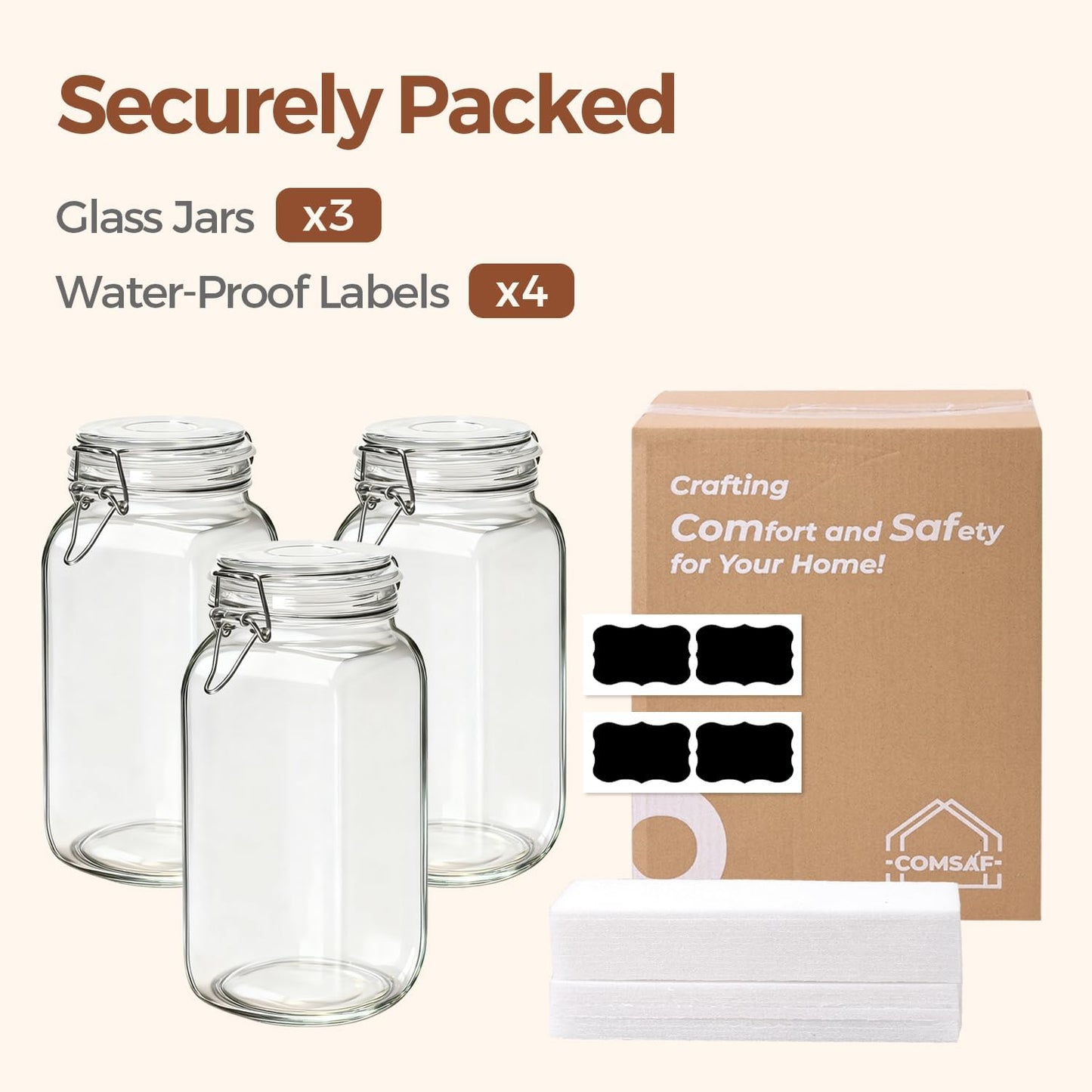 ComSaf Airtight Glass Jars with Lids 0.6 Gallon Set of 3, Food Storage