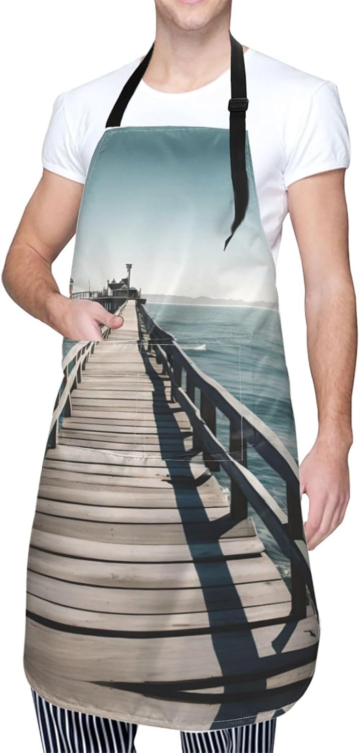 Coastal Pier print Waterproof chef's apron with pocket apron for kitchen cooking baking barbecue and gardening