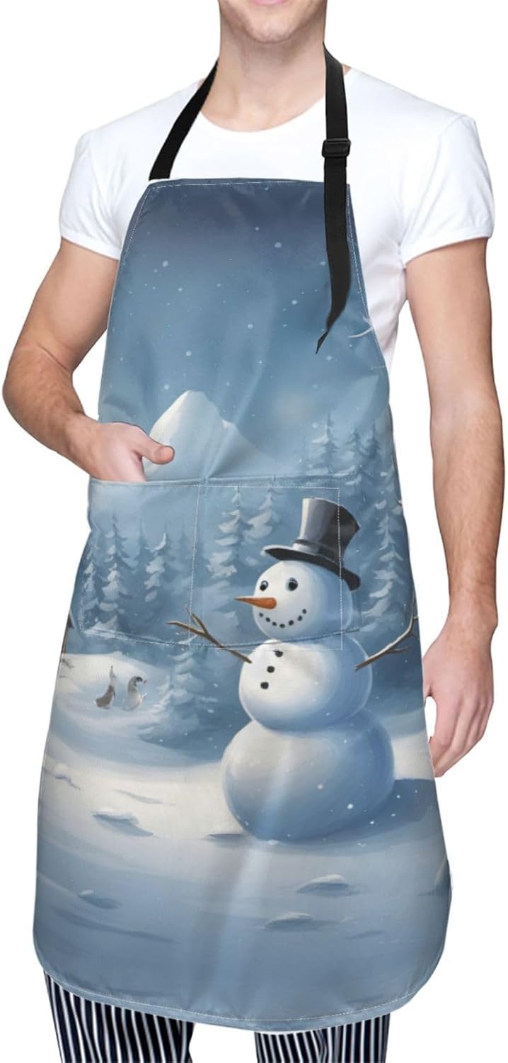 Winter Snowman print Waterproof apron with pocket adjustable cooking apron for adult kitchen bibs to bake