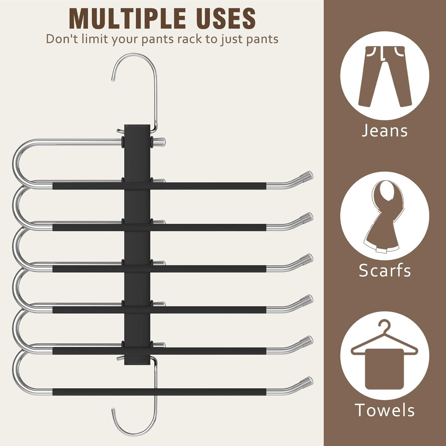 Space Saving 6 Tier Pant Hangers, Anti-Slip, Stainless Steel, 2 Pack, Black