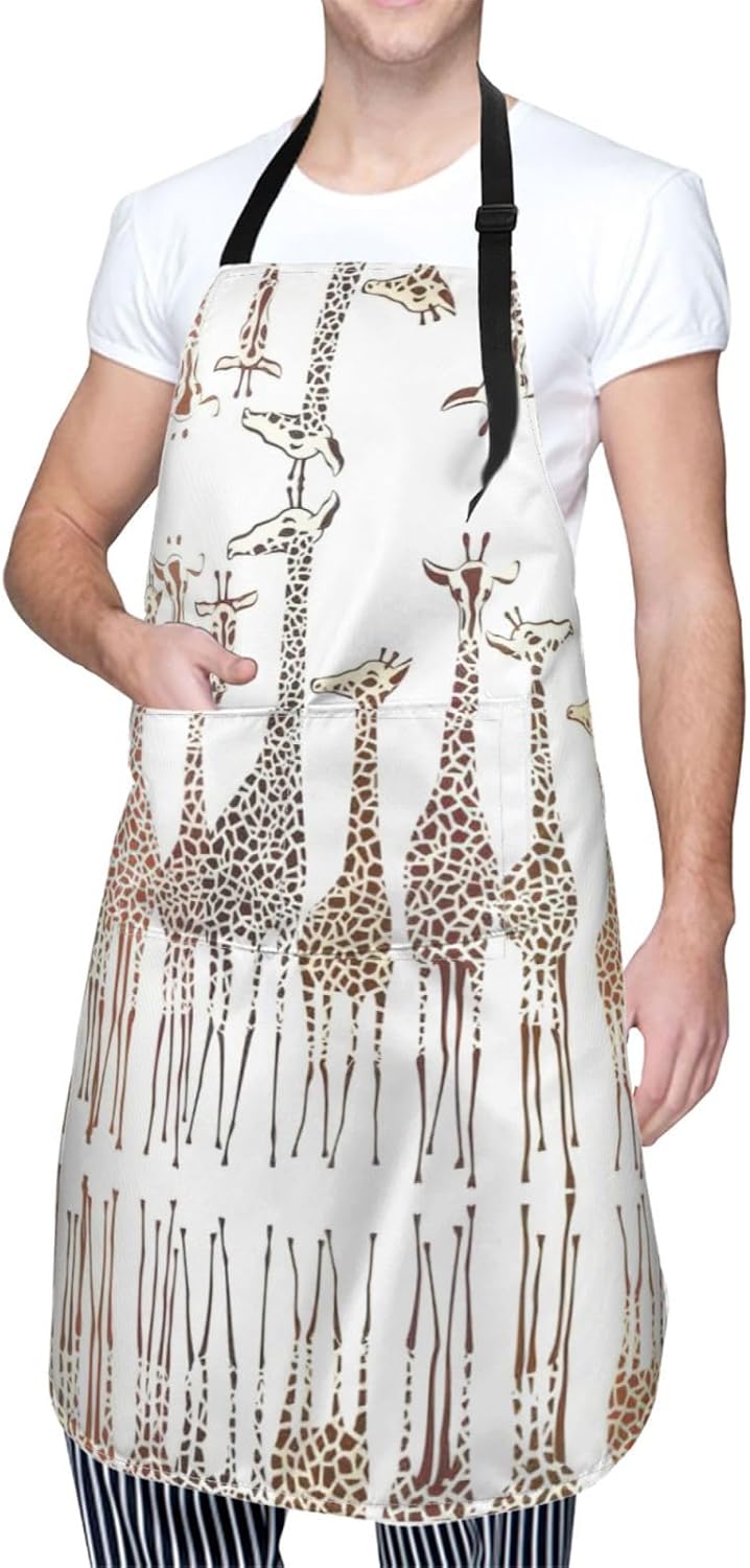 Cute Wild Cartoon Giraffes Print Laundry apron 28x33 In Waterproof Kitchen Apron with Pockets for Cooking Baking