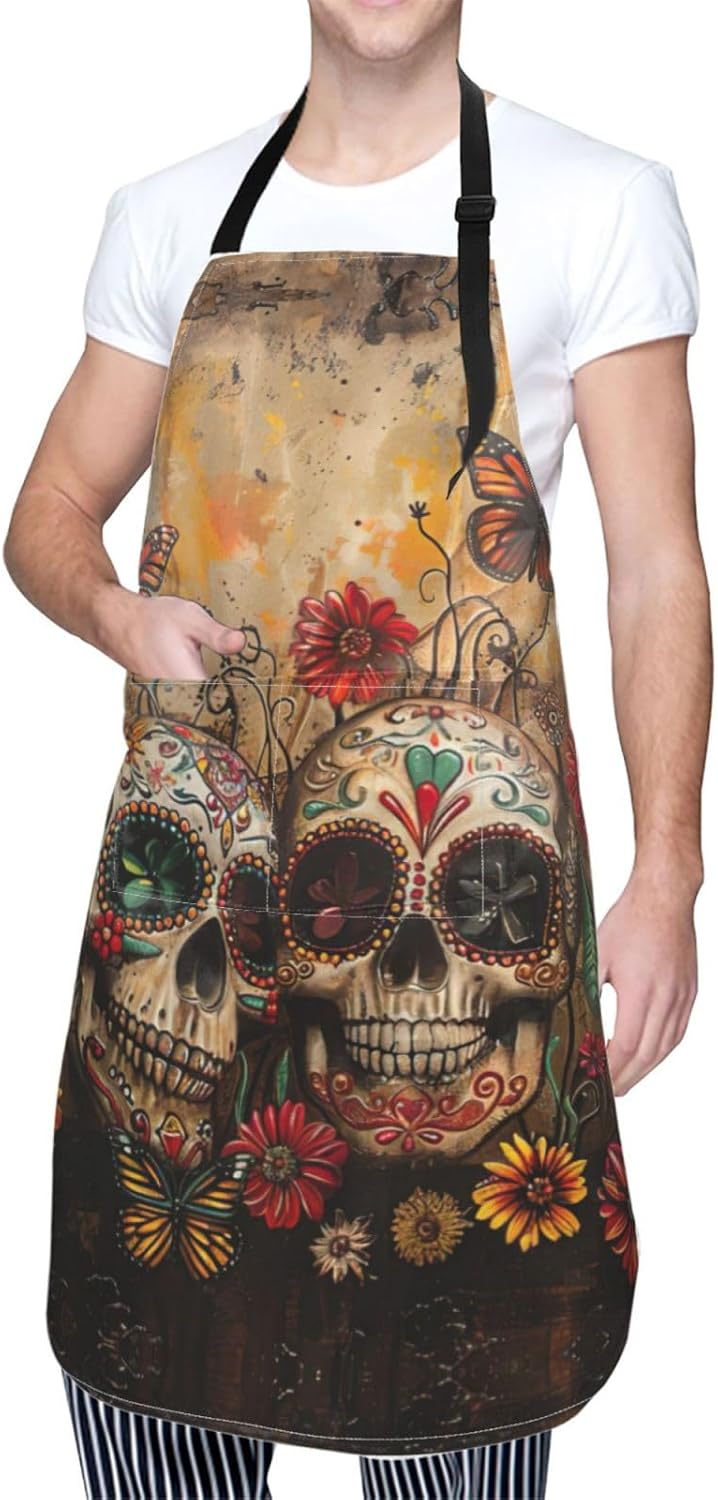 sugar skulls butterfly print Waterproof chef's apron with pocket apron for kitchen cooking baking barbecue and gardening