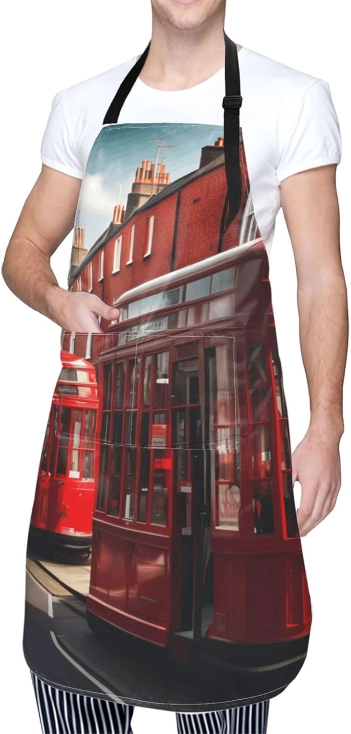 YANYU Red London Street Print 28x33 In Kitchen Apron Stylish Chef Apron with Pockets for Cooking Baking Painting