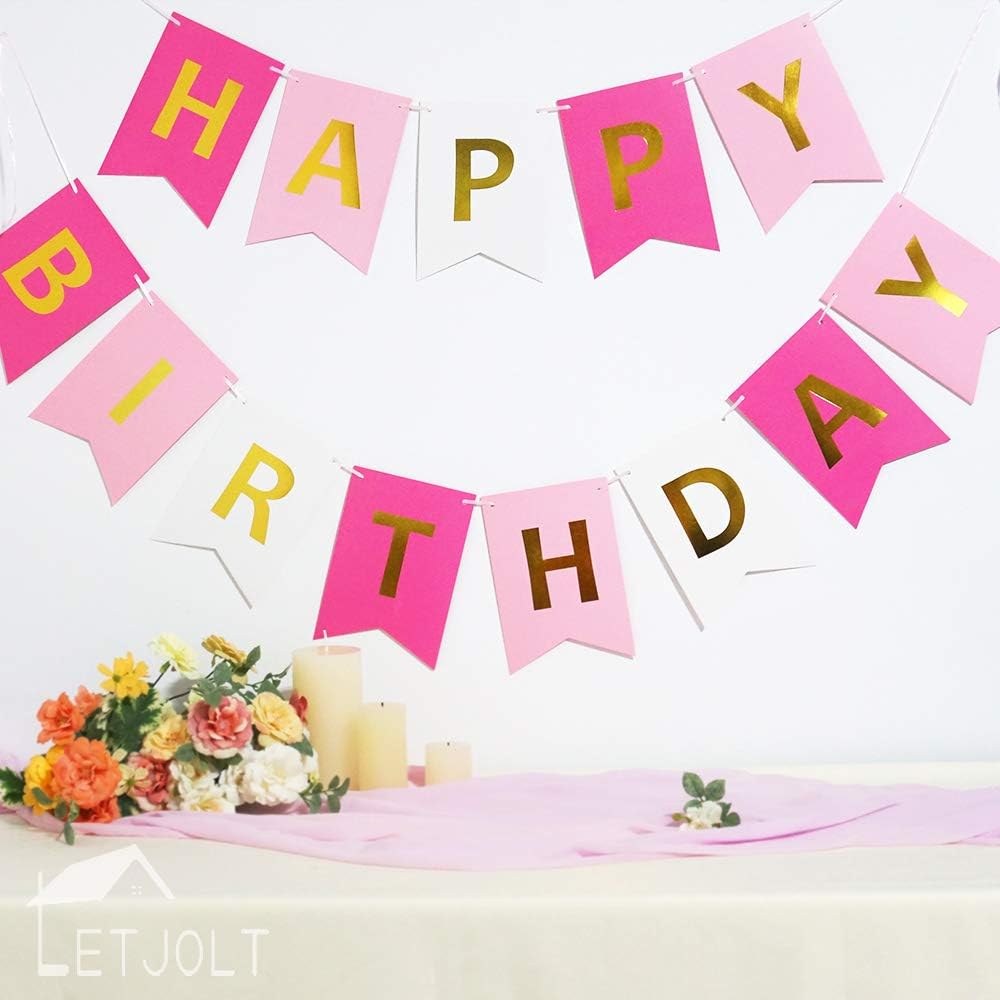 Roseo Pink Happy Birthday Banner Signs Golden Sparkle Funny Birthday Party Supplies for Girls Party Decorations Nursery Decorations 13 Pieces
