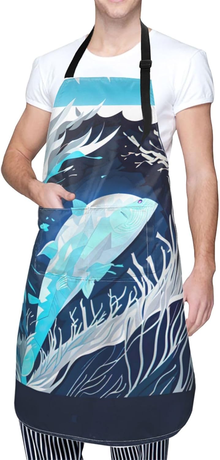 Deep Blue Animal Whale print Waterproof chef's apron with pocket apron for kitchen cooking baking barbecue and gardening