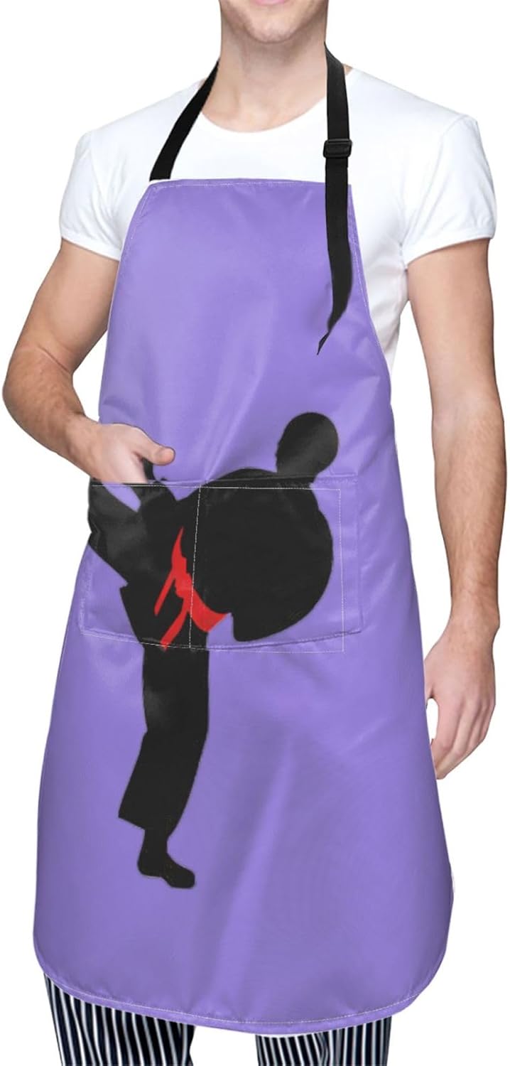Karate Boy Vector Changeable Belt Color Print 28 x 33in Waterproof Apron with Pockets Fashionable Versatile Smock for Baking