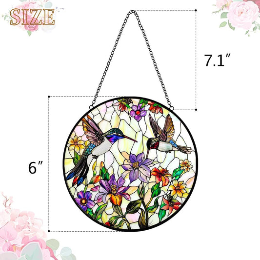 Hummingbird Stained Glass Suncatcher Window Hanging - Handmade Birds Flowers Sun Catchers Ornament - Suncatchers for Doors Home Garden Decor - Mother's Day Birthday Bird Lover Gift for Mom Grandma
