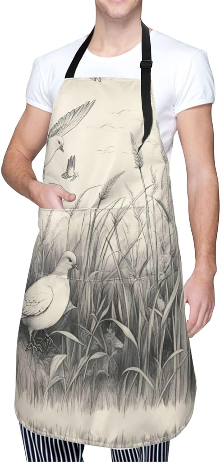 Grass and dove print Waterproof chef's apron with pocket apron for kitchen cooking baking barbecue and gardening