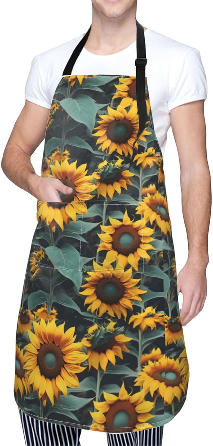 YANYU Wild Flower Sunflowers Print 28x33 In Kitchen Apron Stylish Chef Apron with Pockets for Cooking Baking Painting